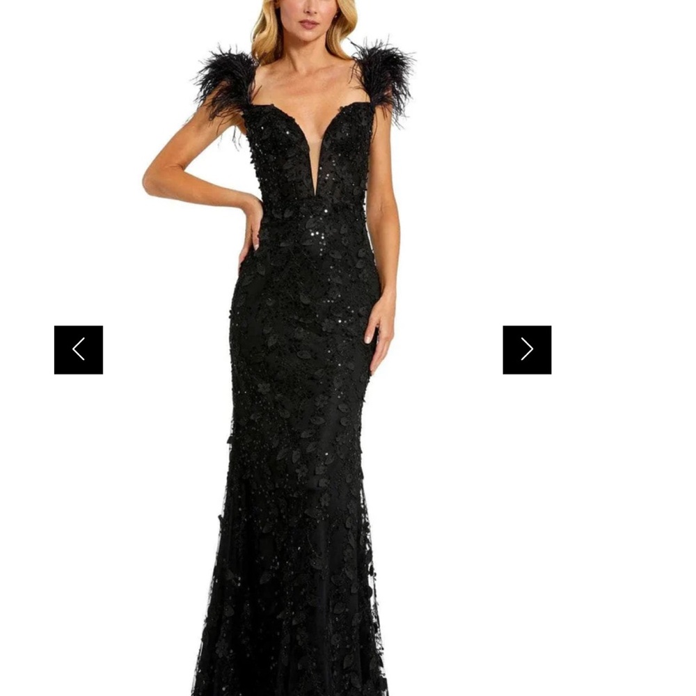 Mac Dugal Sheer Appliqué Evening Gown - Elegant Black Gown with Feather
